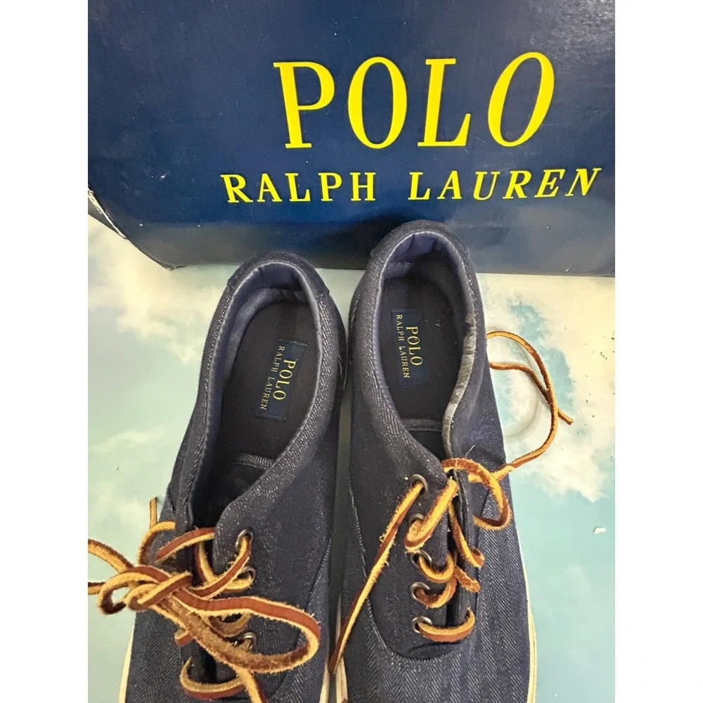 Polo Ralph Lauren Men Navy Blue Canvas Casual Shoes Sneakers Leather Laces Sz 11